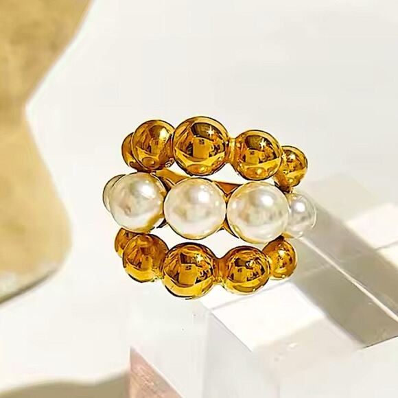 Gold Pearl Large Ball Statement Ring Chunky Exaggerated Cocktail Ring - Picture 5 of 7